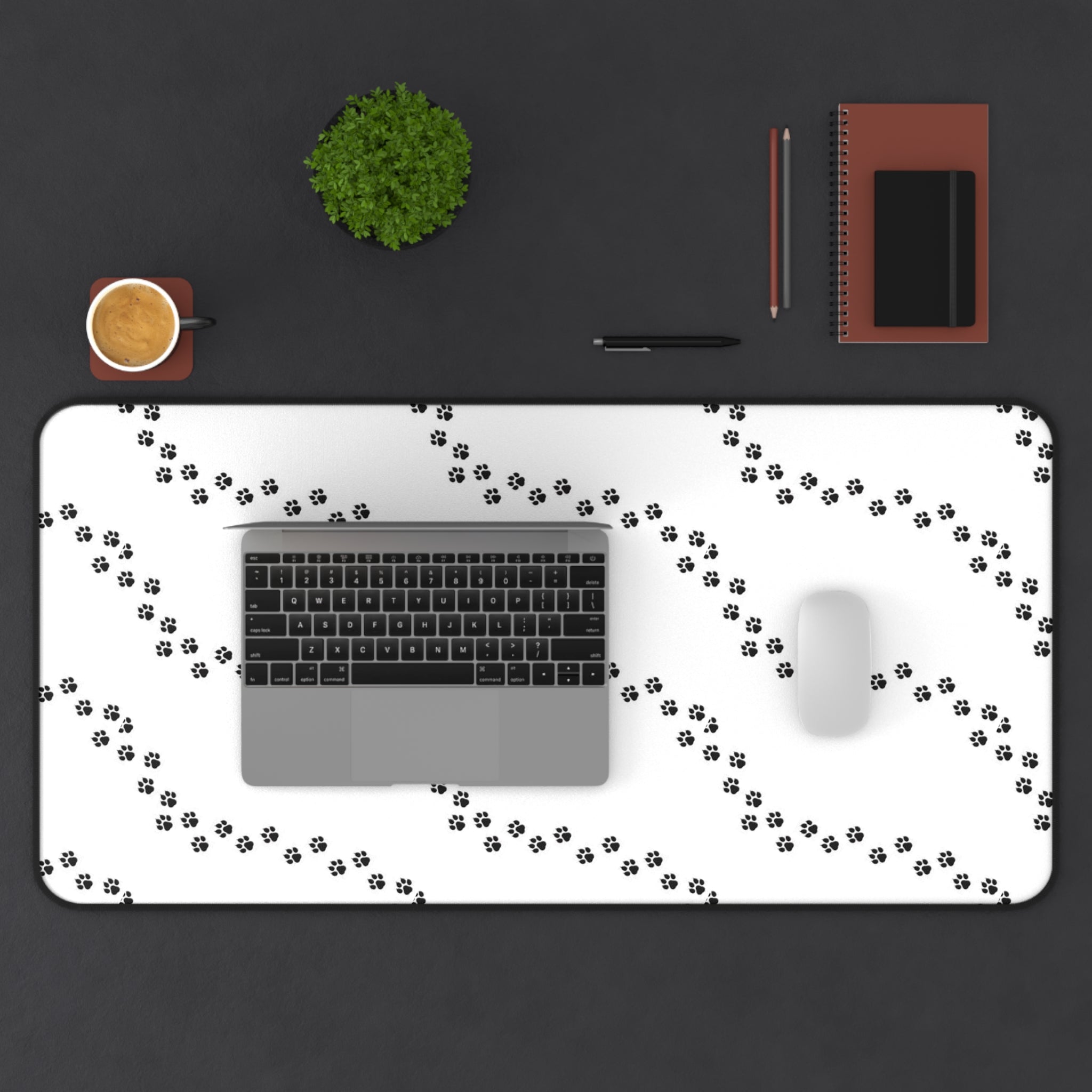 Paw Print Pattern Desk Mat | Minimal Black White Mouse Pad