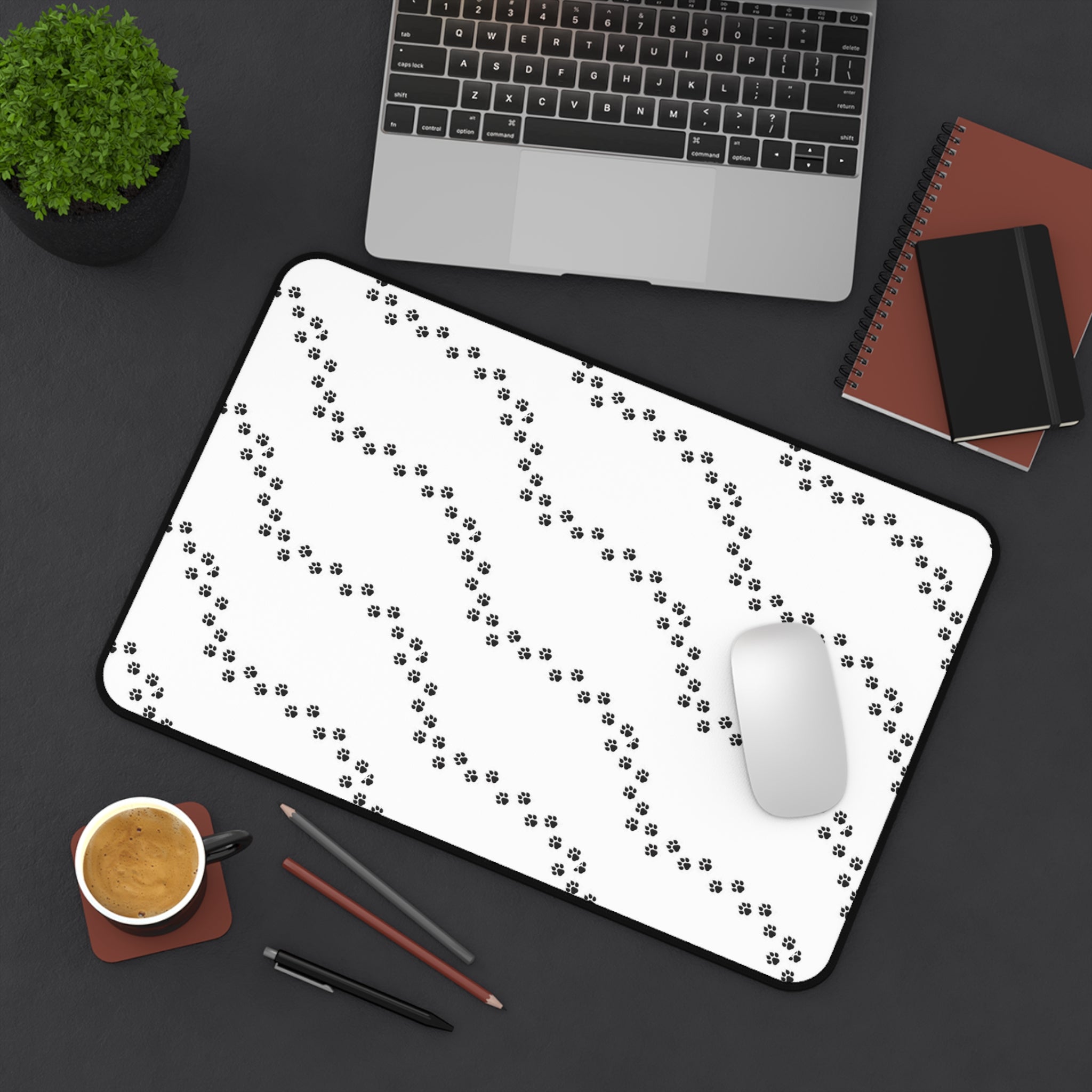 Paw Print Pattern Desk Mat | Minimal Black White Mouse Pad