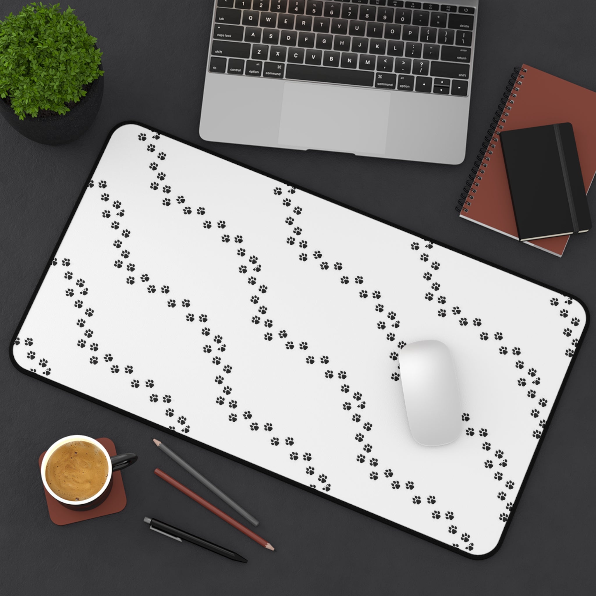 Paw Print Pattern Desk Mat | Minimal Black White Mouse Pad